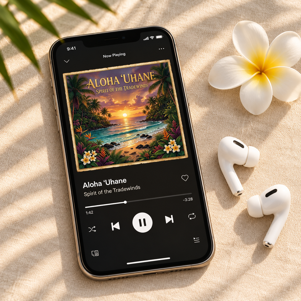 Album displayed on smartphone with wireless earbuds lifestyle mockup